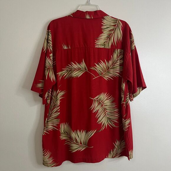 BAMBOO CAY Shirt Men Large Red Short Sleeve Button Leaves Tropical Viscose Blend - Picture 2 of 9
